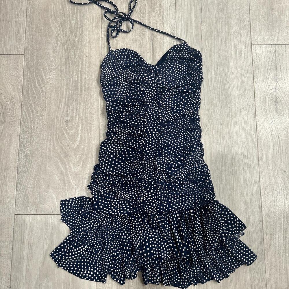 Jessica McClintock polka dot halter ruffle mini dress. Size4